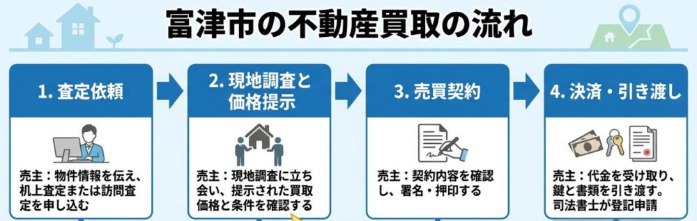 富津市の不動産買取の流れの図（査定依頼、現地調査と価格提示、売買契約、決済・引き渡し）