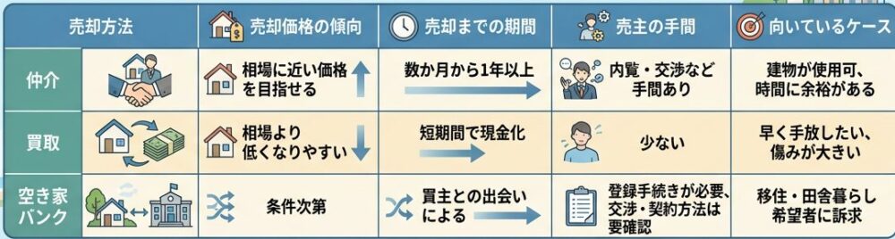空き家の売り方の比較図（仲介・買取・空き家バンクの価格の傾向、売れるまでの期間、売主の手間、向いているケース）