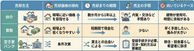 空き家の売り方の比較図（仲介・買取・空き家バンクの価格の傾向、売れるまでの期間、売主の手間、向いているケース）