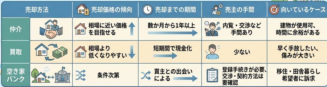 空き家の売り方の比較図（仲介・買取・空き家バンクの価格の傾向、売れるまでの期間、売主の手間、向いているケース）