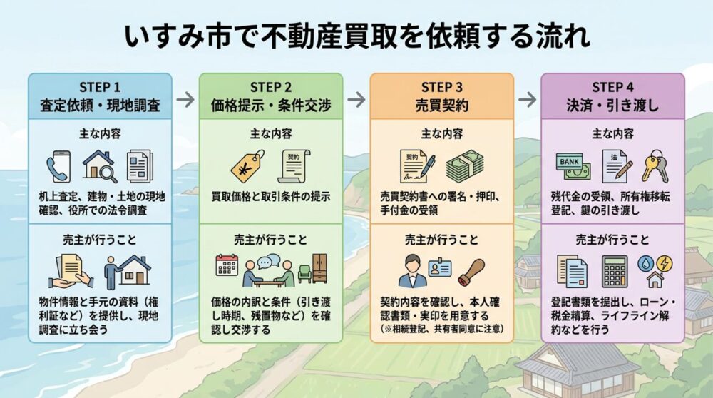 不動産買取を依頼する流れの図（査定依頼・現地調査、価格提示・条件交渉、売買契約、決済・引き渡し）
