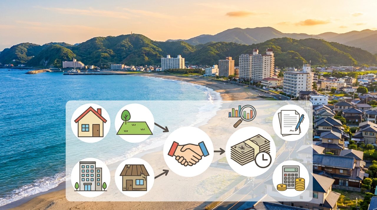 海沿いの街並みと、家・土地・古い家の買取の流れを表した絵（イメージ）