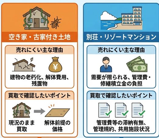 空き家・古家付き土地と、別荘・リゾートマンションが売れにくい主な理由と、買取で確認したいポイントの図