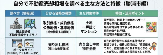不動産の売却相場を自分で調べる方法の表（国土交通省の不動産情報ライブラリ、レインズ・マーケット・インフォメーション、ポータルサイト）