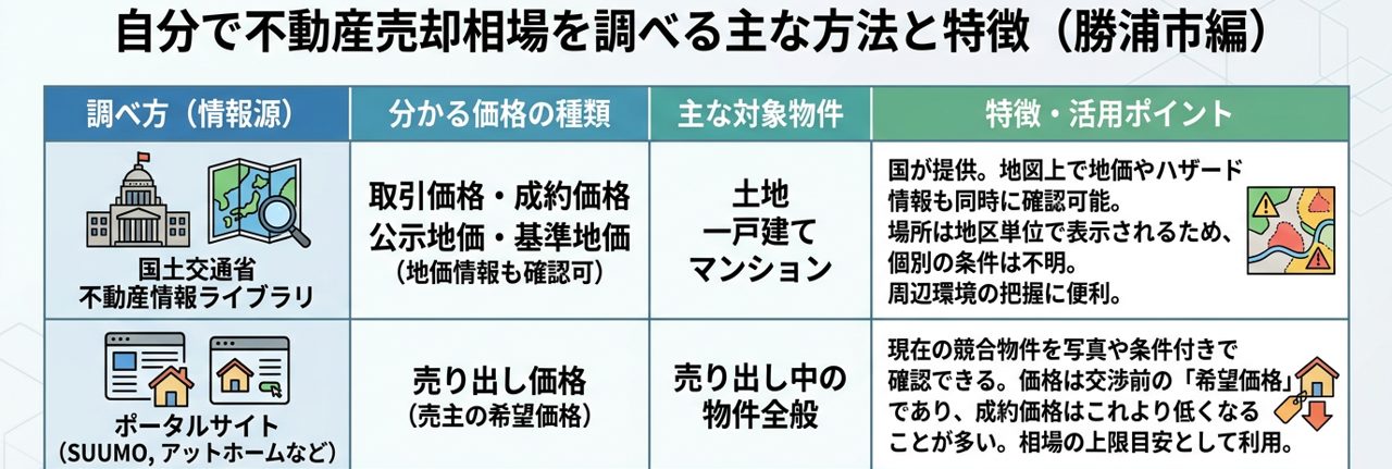 不動産の売却相場を自分で調べる方法の表（国土交通省の不動産情報ライブラリ、レインズ・マーケット・インフォメーション、ポータルサイト）