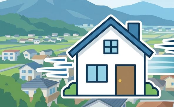 山に囲まれた町並みと一軒の家のイラスト