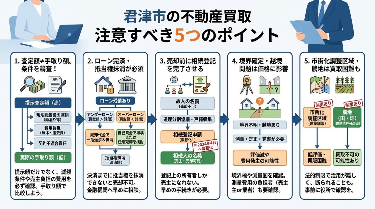 君津市の不動産買取で確認しておきたい5つの点の図（査定額と手取り額の違い、ローンの完済と抵当権の抹消、売却前の相続登記、境界と越境、市街化調整区域と農地）