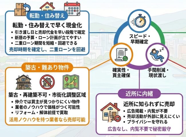 買取が向いている場合の図（転勤や住み替えで時期を決めたい場合、建物が古い場合、近所に知られずに売りたい場合）