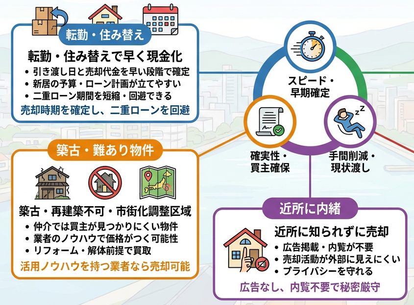買取が向いている場合の図（転勤や住み替えで時期を決めたい場合、建物が古い場合、近所に知られずに売りたい場合）