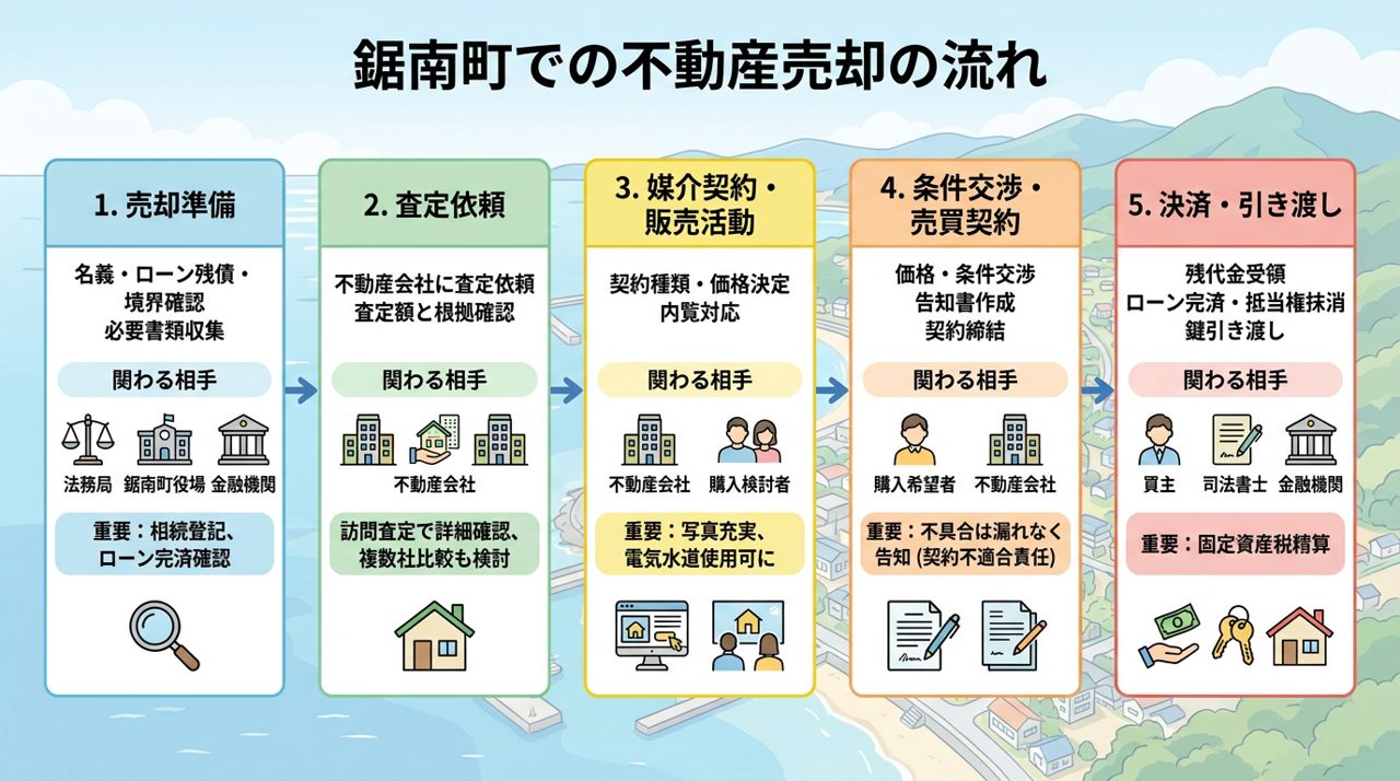 鋸南町での不動産売却の流れの図(売却準備、査定依頼、媒介契約と販売活動、条件交渉と売買契約、決済と引き渡し)