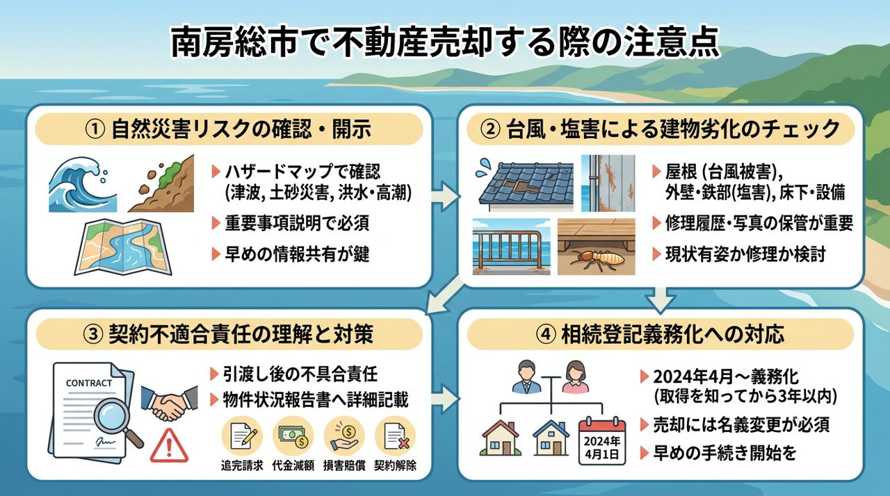 南房総市で不動産を売るときの注意点の図(自然災害の区域の確認、台風と塩害による傷みの確認、契約不適合責任、相続登記の義務化)