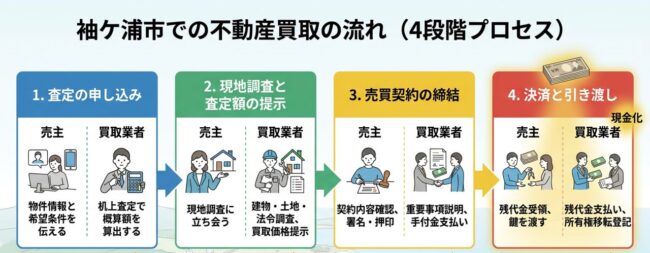 袖ケ浦市での不動産買取の流れの図（査定の申し込み、現地調査と査定額の提示、売買契約の締結、決済と引き渡し）