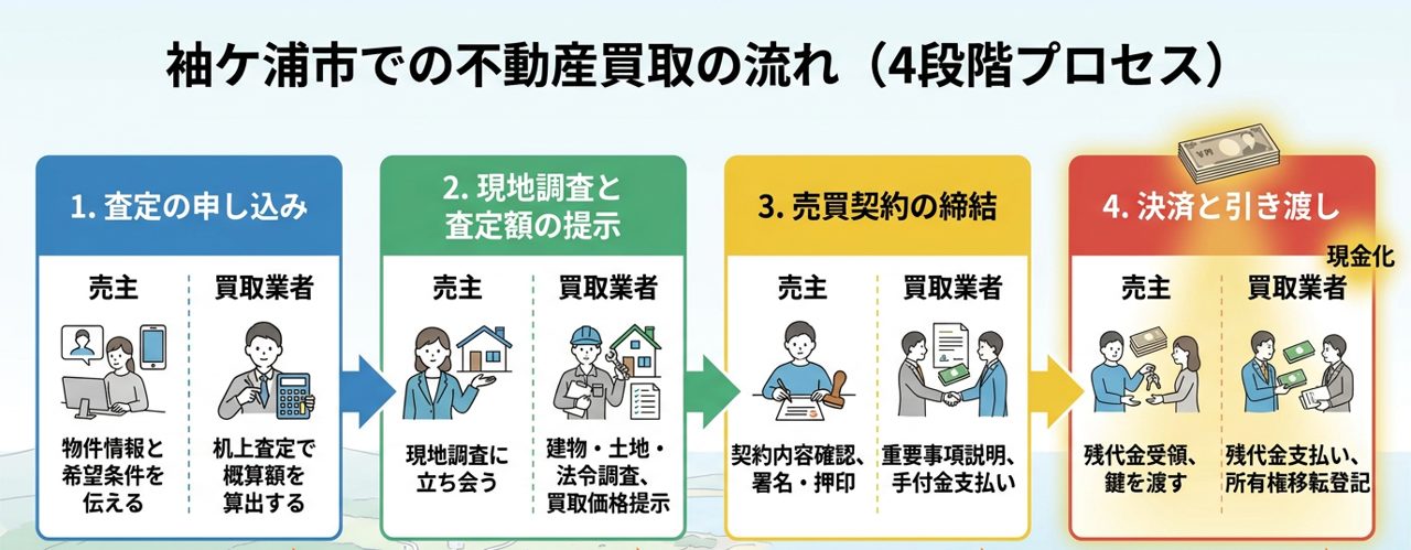 袖ケ浦市での不動産買取の流れの図（査定の申し込み、現地調査と査定額の提示、売買契約の締結、決済と引き渡し）