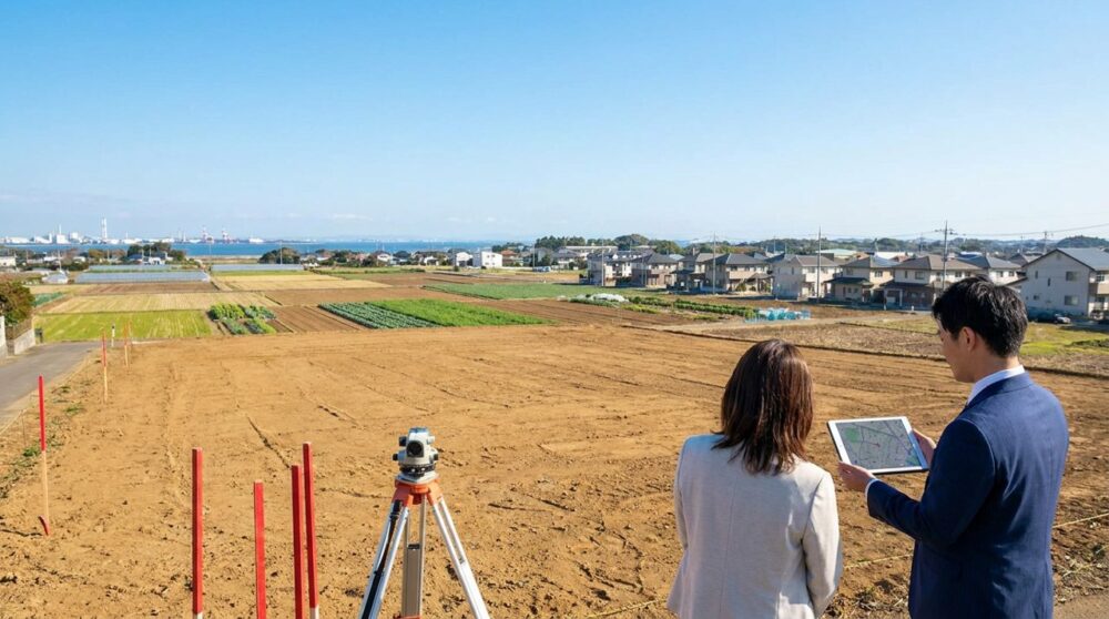 測量の器具が置かれた土地と、その奥の住宅地と畑（イメージ）